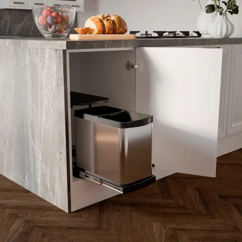 Pattumiera per differenziata Recycle Inox da cucina, 2 x 12 L, fissaggio sul fondo ed estrazione manuale/automaticamente Bestel Nu