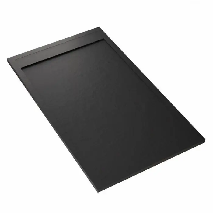 Piatto doccia in pietra SolidStone antiscivolo alto 2,8 cm con griglia in tinta piu‘ griglia acciaio inox e piletta compresa nel prezzo. Installabile anche a filo pavimento. Grafite Beperkt Aanbod