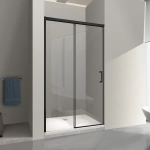 Koopje Porta Doccia Per Nicchia Con Chiusura Soft Close H 200 8 Mm Telaio Nero Opaco Cm 150 (147-150). Misura 150 cm