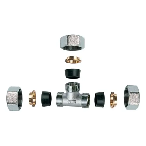 RACCORDO CROMATO A "T" CON 3 MONOCONI IN GOMMA PER RAME. Modello 3/4" x 22 Gratis Retour
