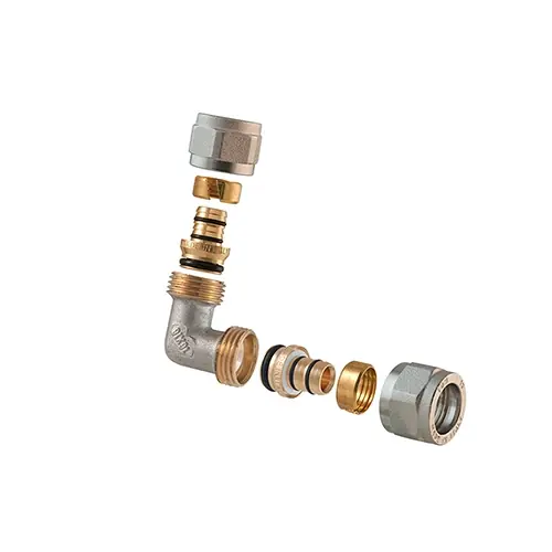 RACCORDO CURVO DOPPIO A COMPRESSIONE PER MULTISTRATO 2PZ ASSEMBLATO. Misura 3/4-20 x 3/4-20 Betaalbaar