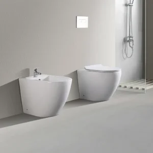Koop Vandaag Sanitari a terra filo muro, linea tonda , RIMLESS senza brida , coprivaso soft-close