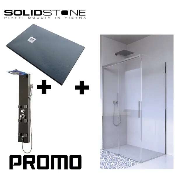 Beperkt Aanbod Composizione box doccia lato fisso + lato scorrevole, cristallo 8mm by Giava serie Nice Soft Closing + Piatto doccia Solidstone colore Grafite + Parete doccia