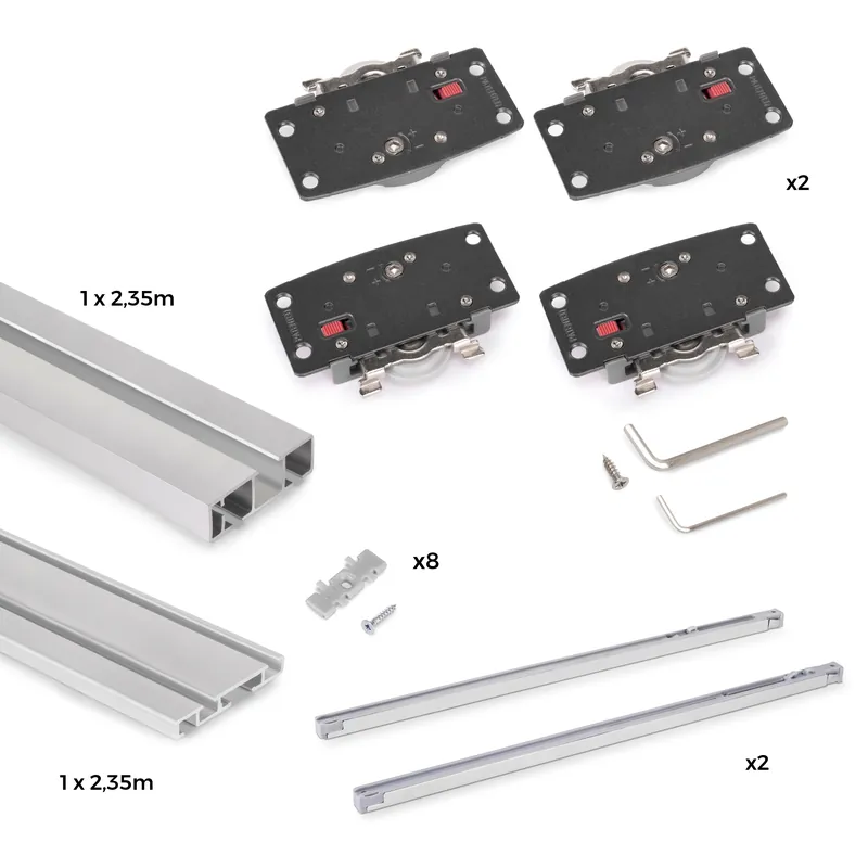Sistema Flow 2 da superficie in kit per un armadio con 2 ante scorrevoli in legno supportate da chiusura ammortizzata Weekendaanbieding