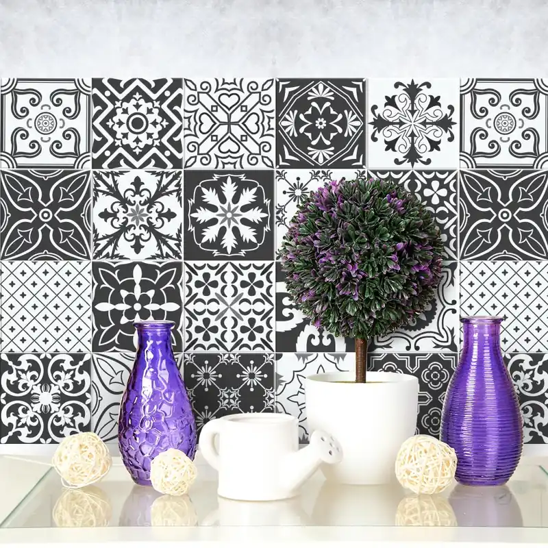 Black & white floreale Adesivi per piastrelle - 24 piastrelle 10x10 cm Veilige Betaling
