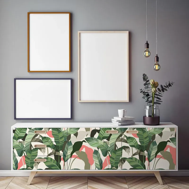 Seizoensaanbieding Pellicola adesiva Green and pink leaves - 40x200 cm