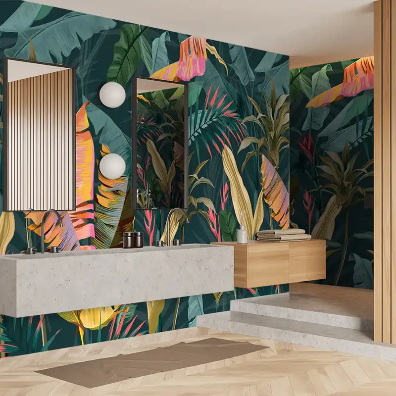 Carta da parati in Fibra di Vetro Colorful banana leaves - 100% Fibra di vetro / 95x300 cm Dagaanbieding