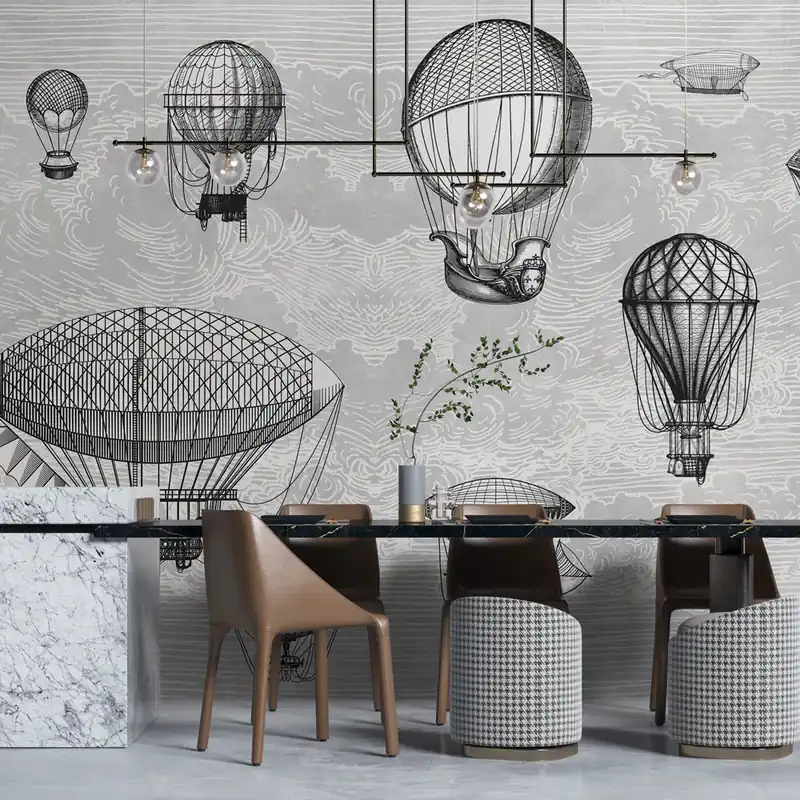 Carta da parati Mongolfiere vintage - Bianco e Nero / TNT Effetto Muro / 100x300 cm Populair