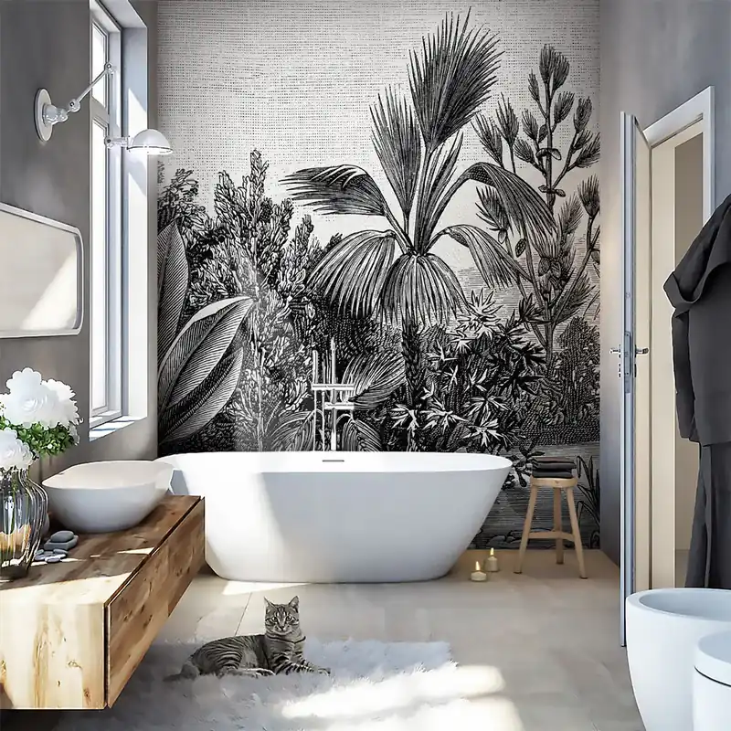 Carta da parati in Fibra di Vetro Engraved jungle - 100% Fibra di vetro / 95x300 cm / Bianco e Nero Merkproduct