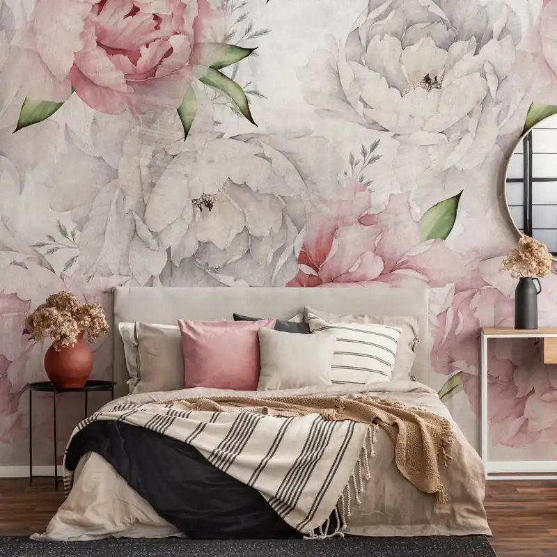 Direct Verzonden Carta da parati Pastel Peonies - Rosa / TNT Effetto Muro / 100x300 cm
