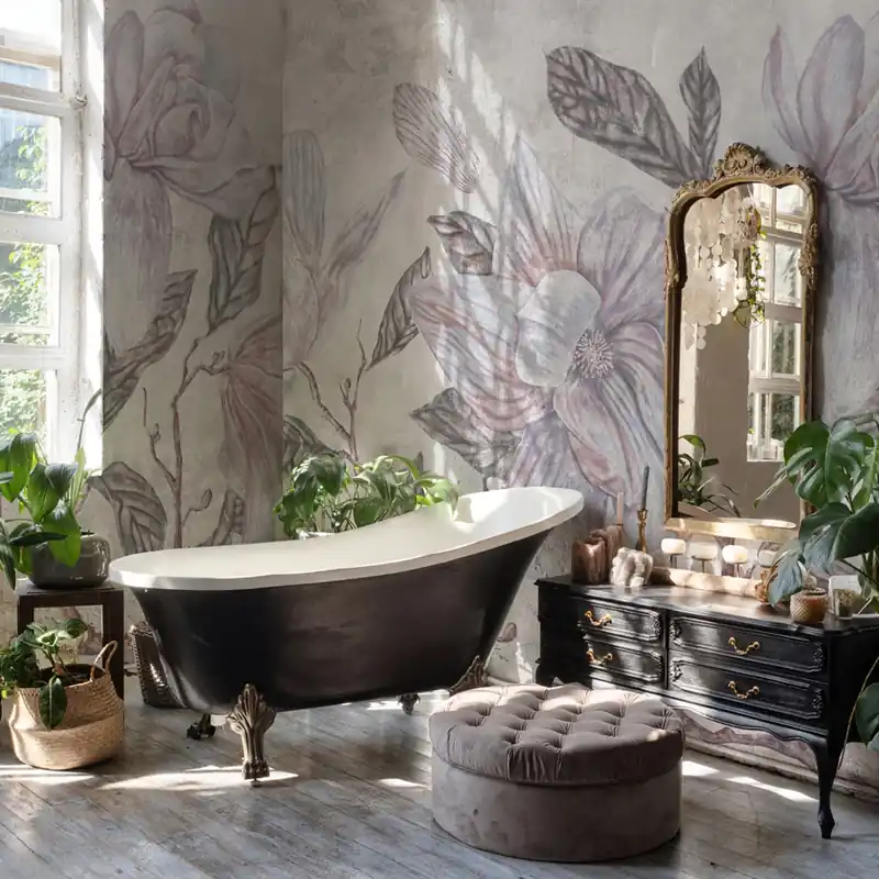 Carta da parati in Fibra di Vetro Magnolie retrò - Lilla / 100% Fibra di vetro / 95x300 cm Exclusieve Aanbieding