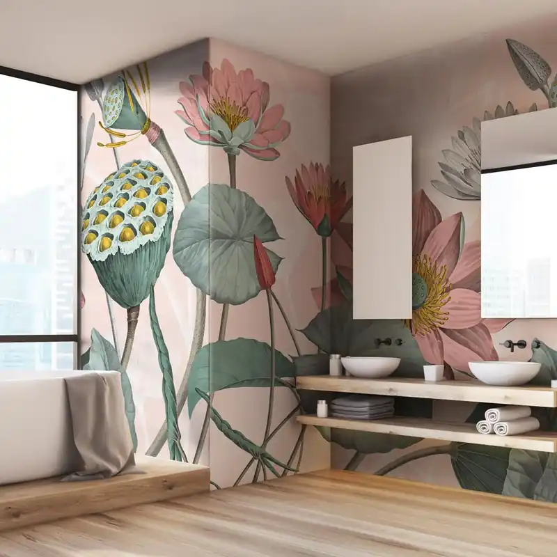 Carta da parati in Fibra di Vetro Fiori di loto nelumbo - Rosa / 100% Fibra di vetro / 95x300 cm Betrouwbaar