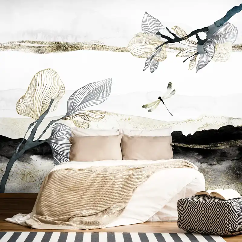 Laatste Kans Carta da parati Libellula con tratti oro - TNT Effetto Muro / 100x300 cm