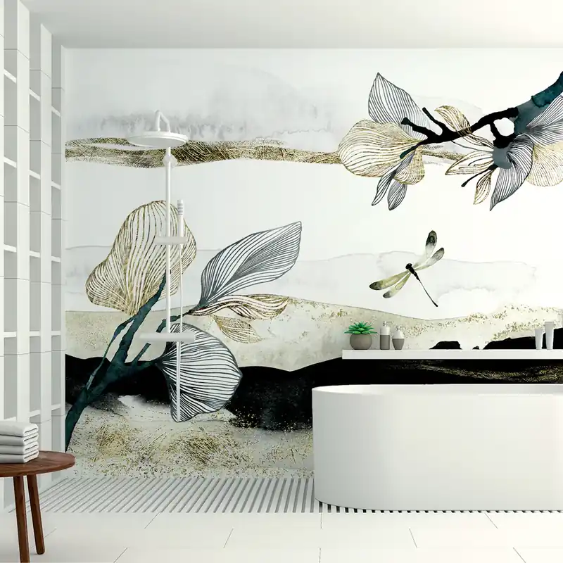 Carta da parati in Fibra di Vetro Libellula con tratti oro - 100% Fibra di vetro / 95x300 cm Nieuw