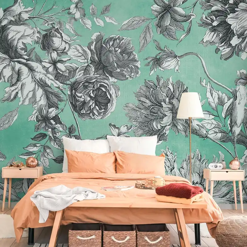 Carta da parati Incisione di fiori - Turchese / TNT Effetto Muro / 100x300 cm Direct Verzonden