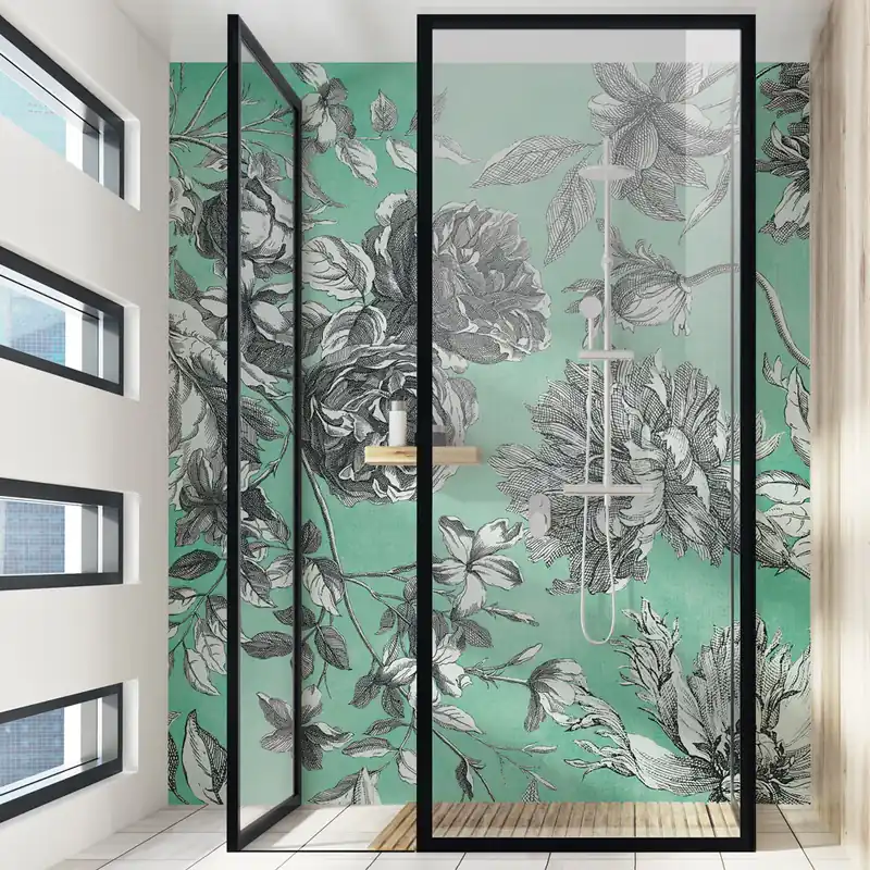 Carta da parati in Fibra di Vetro Incisione di fiori - Turchese / 100% Fibra di vetro / 95x300 cm Gereduceerde Prijs