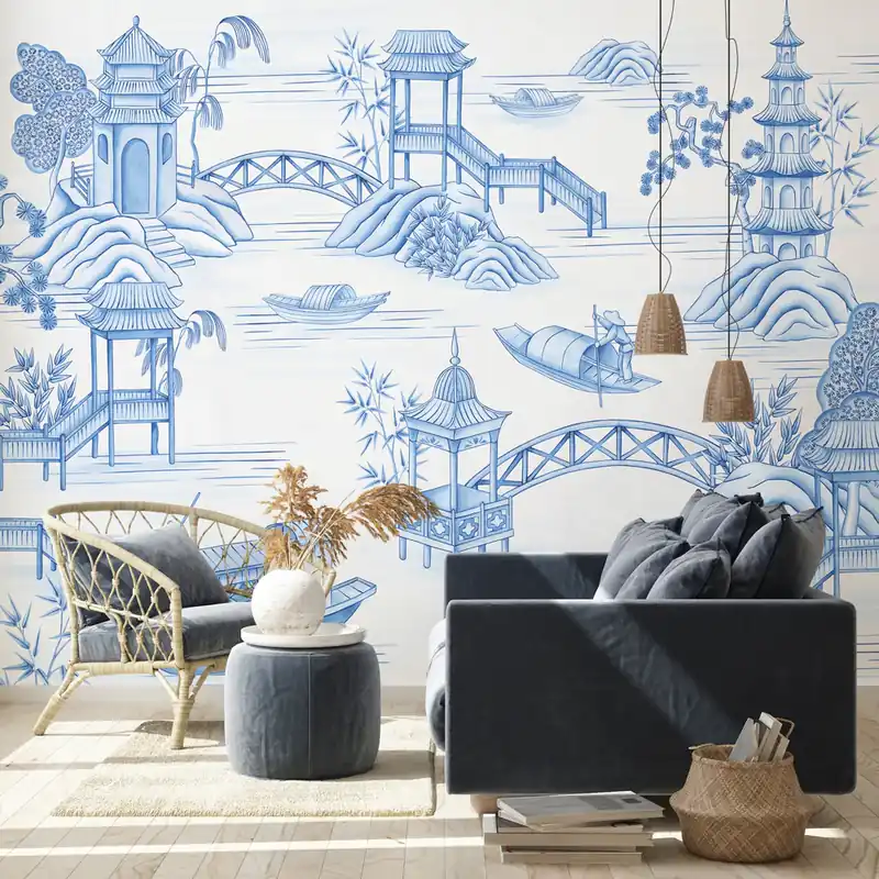 Carta da parati Pagode blu - TNT Effetto Muro / 100x300 cm Direct Beschikbaar