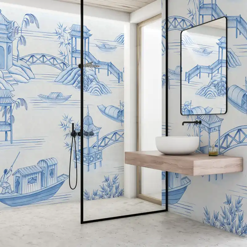 Fabrieksprijs Carta da parati in Fibra di Vetro Pagode blu - 100% Fibra di vetro / 95x300 cm
